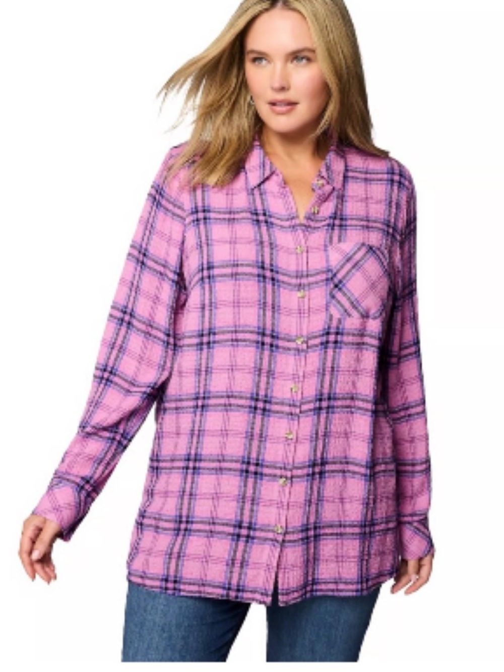 J. Jill Soft Crinkled Pink Lilac Plaid Tunic Blouse